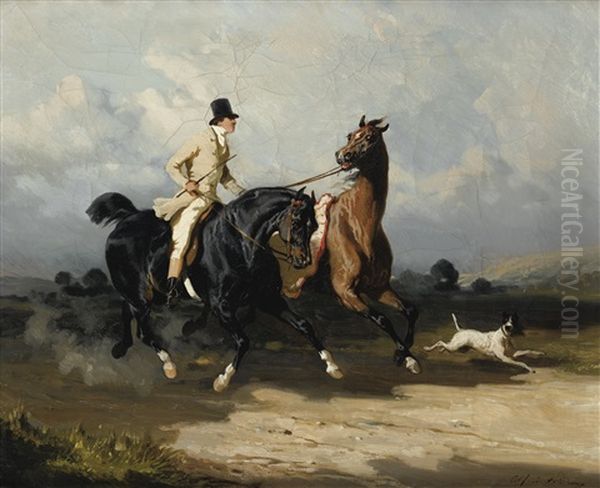 Deux Chevaux Au Galop, L'un Monte Par Un Cavalier En Habit Blanc, Un Chien Les Precedant Oil Painting by Alfred De Dreux