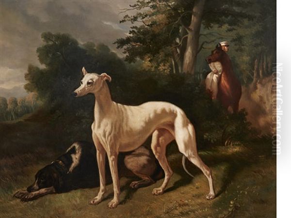 Hounds In A Wooded Landscape Oil Painting by Alfred De Dreux