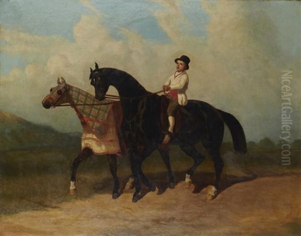 Lad Et Deux Chevaux Oil Painting by Alfred De Dreux