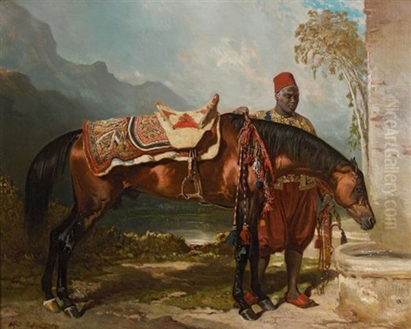 Hassan, Etalon Arabe Et Son Saik Devant L'abreuvoir Oil Painting by Alfred De Dreux