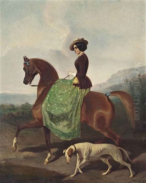 Portrait Of A Woman On Horseback, With A Greyhound, An Extensive Landscape Beyond Oil Painting by Alfred De Dreux