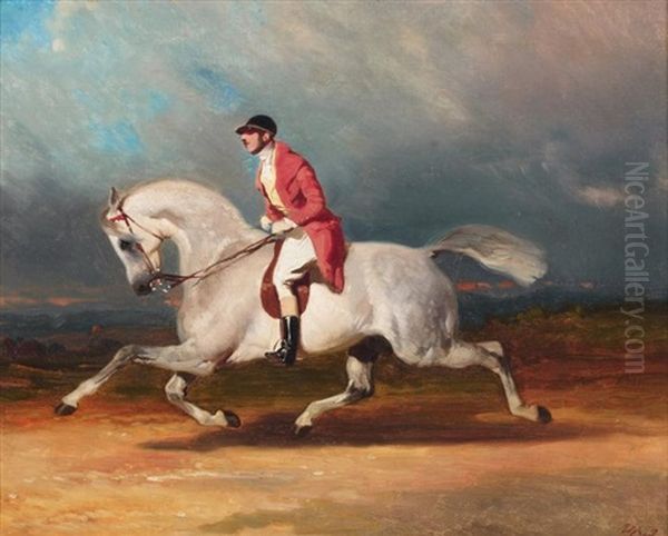 Cavalier Sur Un Cheval Gris Pommele Oil Painting by Alfred De Dreux