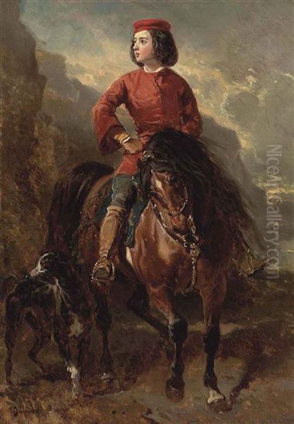 Jeune Cavalier Montant Un Shetland Et Levrier Oil Painting by Alfred De Dreux