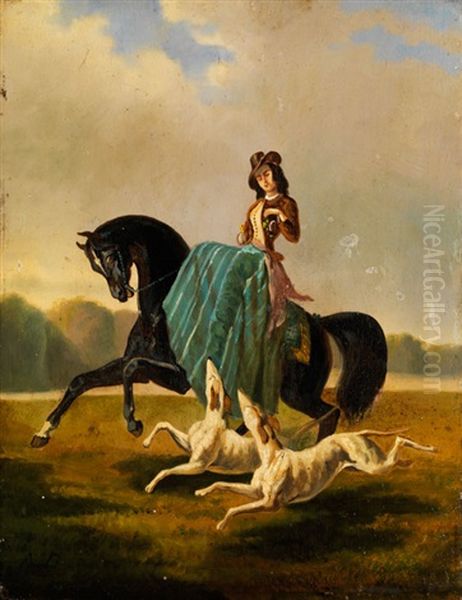 Elegante Reiterin Mit Windhunden In Weiter Landschaft Oil Painting by Alfred De Dreux