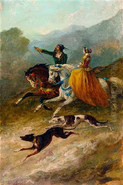 Spanisches Reiterpaar Mit Hunden Im Galopp Oil Painting by Alfred De Dreux