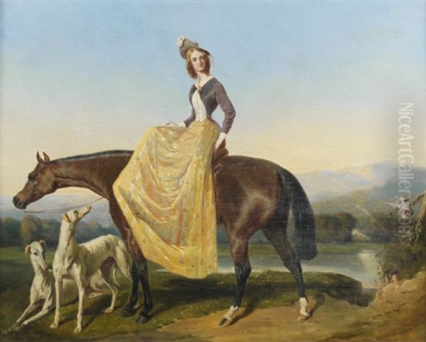 Portrait D'une Jeune Femme En Amazone Et Ses Levriers by Alfred De Dreux