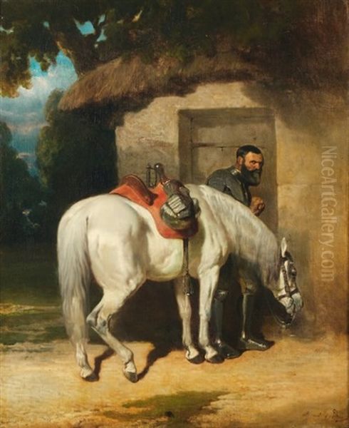 La Halte D'un Cavalier En Armure Oil Painting by Alfred De Dreux