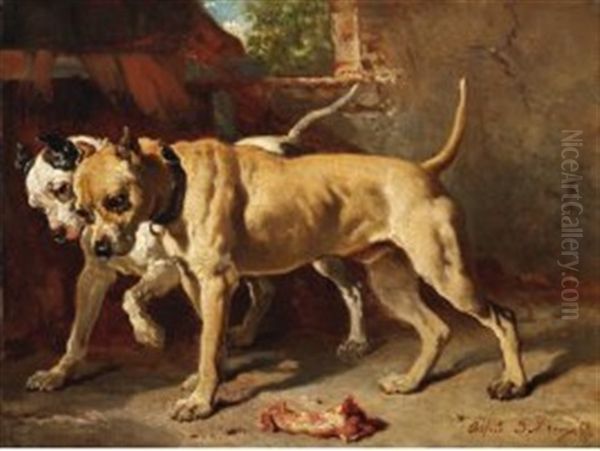 Deux Chiens Au Morceau De Viande Oil Painting by Alfred De Dreux