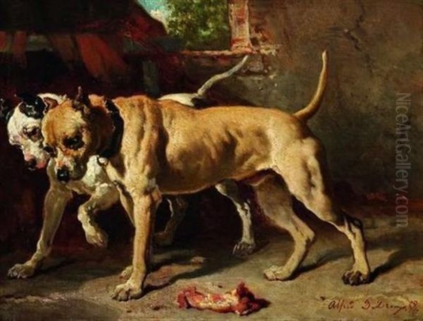 Deux Chiens Au Morceau De Viande Oil Painting by Alfred De Dreux