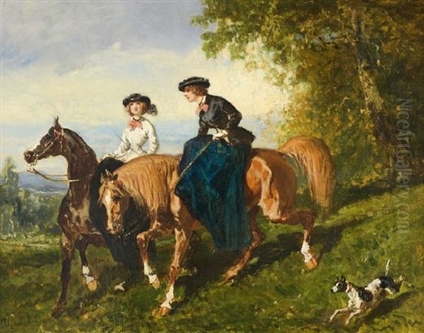 Deux Elegantes A Cheval Oil Painting by Alfred De Dreux