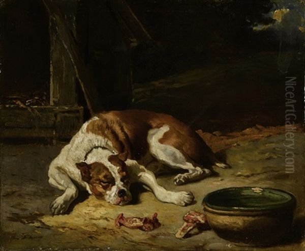 Schlafender Hund Vor Seinem Fressnapf Oil Painting by Alfred De Dreux