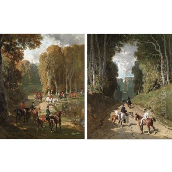 A Hunting Party By A Lake (+ Riders On A Forest Path; Pair) Oil Painting by Alfred De Dreux