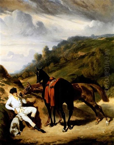 A Rest In The Mountains (le Lad Blanc) Oil Painting by Alfred De Dreux