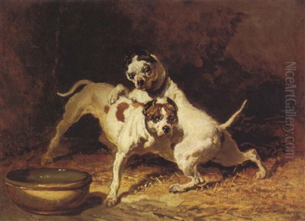 Chiens En Train De Jouer Oil Painting by Alfred De Dreux