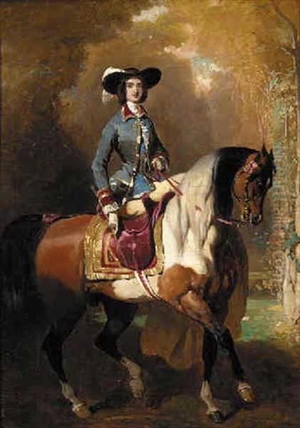 An Elegant Lady On Her Horse Oil Painting by Alfred De Dreux