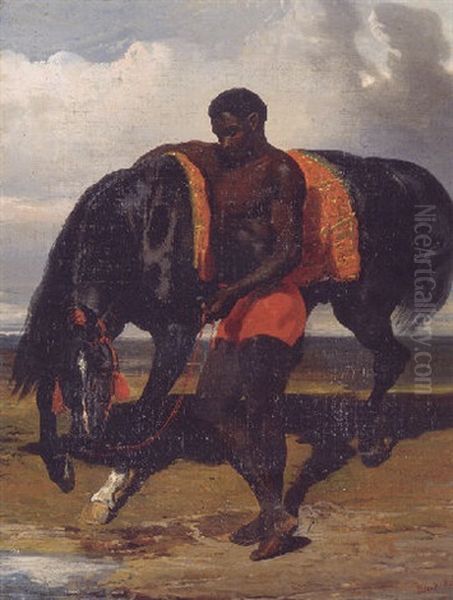 African Tenant Un Cheval Au Bord D'une Mer Oil Painting by Alfred De Dreux