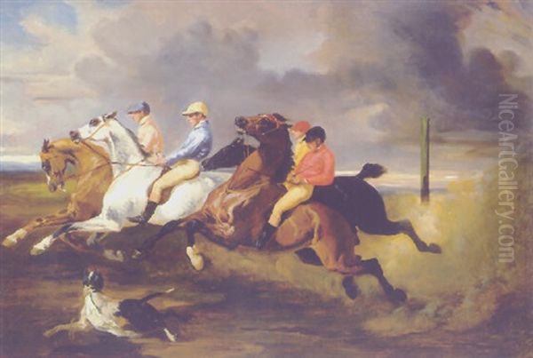 The Start Of A Horse Race Oil Painting by Alfred De Dreux