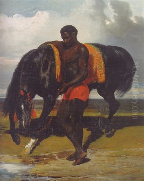 African Tenant Un Cheval Ar Bord D'une Mer Oil Painting by Alfred De Dreux