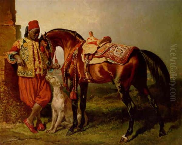 An African Groom Holding A Stallion With A Dog Oil Painting by Alfred De Dreux