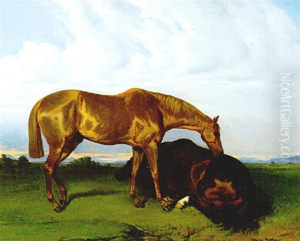 Two Horses Oil Painting by Alfred De Dreux