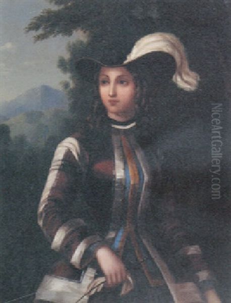 A Young Lady In Hunting Dress Oil Painting by Alfred De Dreux