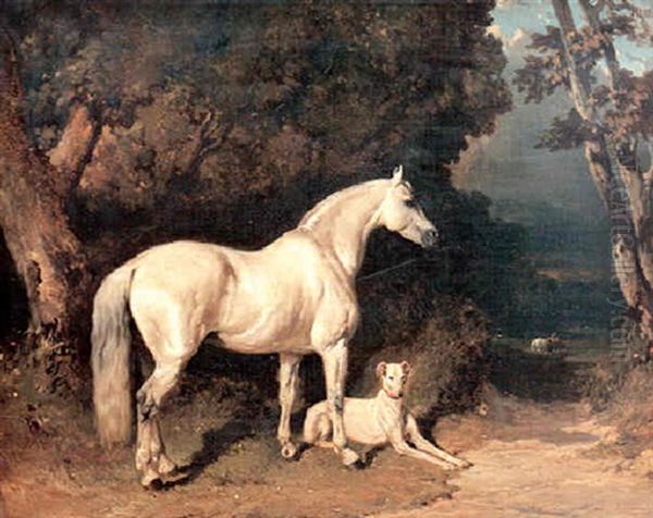 Cheval Gris Et Levrier Au Repos Dans Un Paysage Oil Painting by Alfred De Dreux