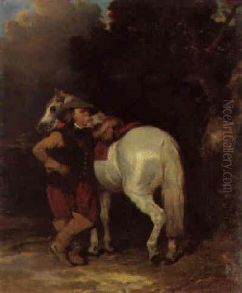 Capitaine Des Mousquetaires Appuye A Son Cheval Oil Painting by Alfred De Dreux