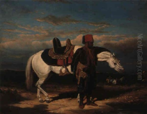 Cavalier Abreuvant Son Cheval Oil Painting by Alfred De Dreux