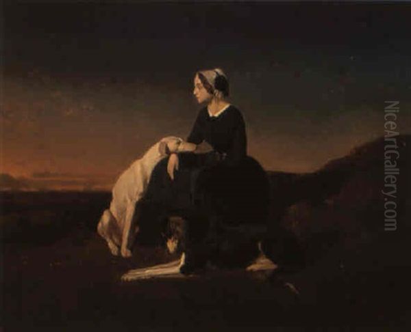 Reverie Du Soir, Jeune Fille Avec Ses Deux Levriers Oil Painting by Alfred De Dreux