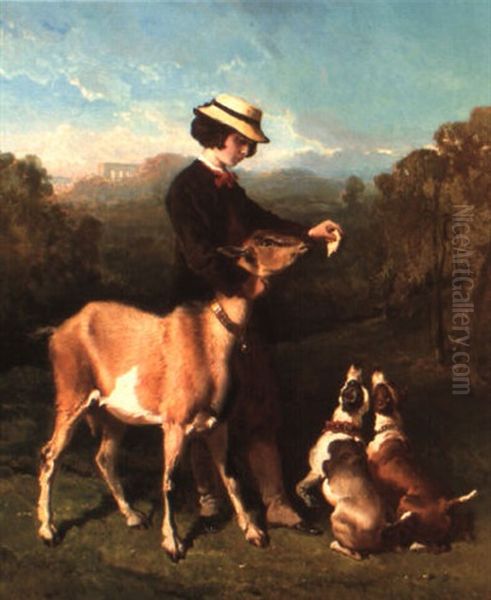 A Girl Feeding A Goat In An Extensive Landscape Oil Painting by Alfred De Dreux