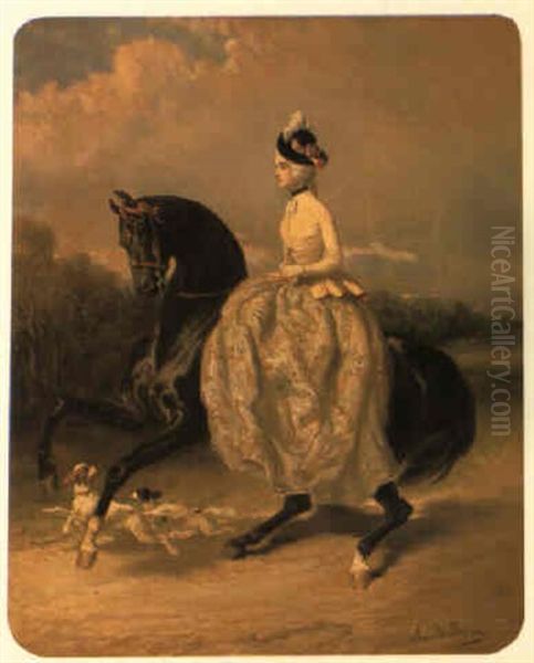 Lady Riding Side-saddle On A Horse And Spaniels In Landscape Oil Painting by Alfred De Dreux