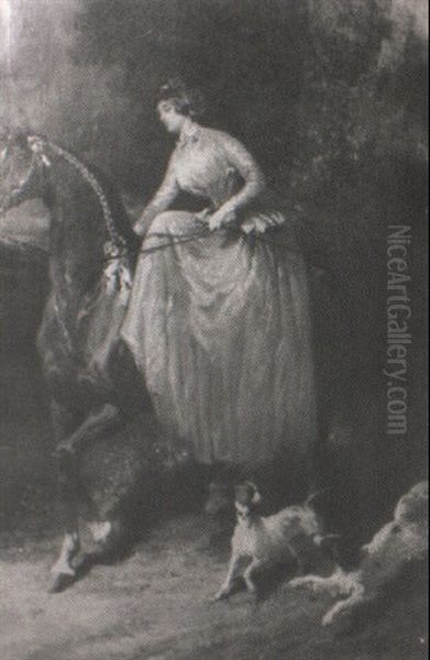 A Lady On Horseback With Frolicking Dogs Oil Painting by Alfred De Dreux