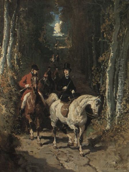 Cavaliers On A Forest Path Oil Painting by Alfred De Dreux