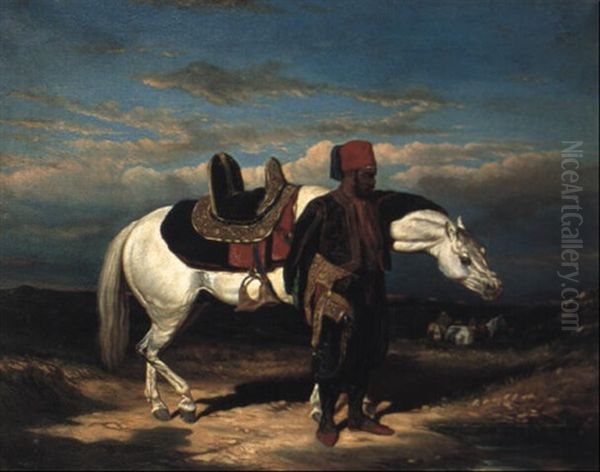 Cavalier Abreuvant Son  Cheval Oil Painting by Alfred De Dreux