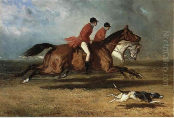 Deux Veneurs En Tenue Rouge Au Galop Oil Painting by Alfred De Dreux