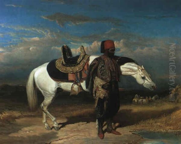 Cavalier Arabe Abreuvant Son Cheval Oil Painting by Alfred De Dreux