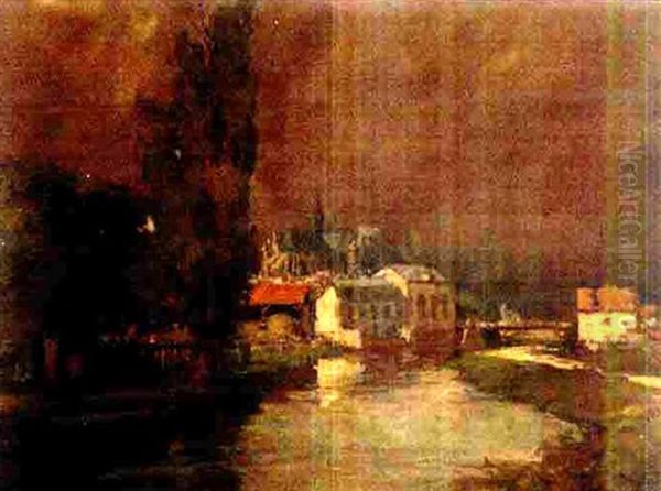 Village Along A Stream Oil Painting by Jean-Baptiste (Joannes) Drevet