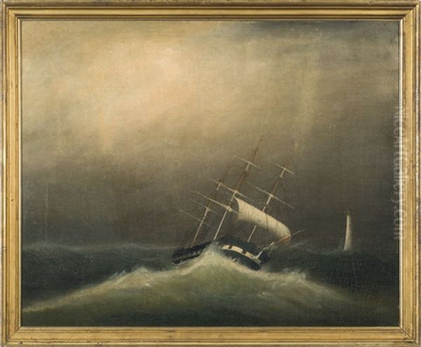 Ship In A Gale Rounding A Lighthouse by Clement Drew