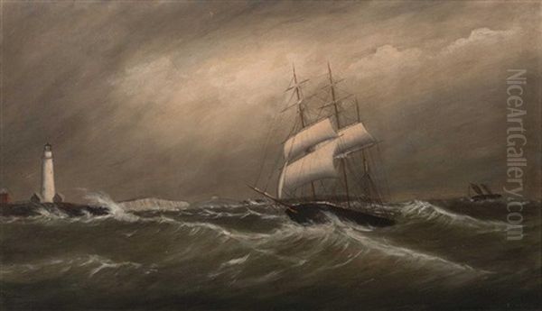 Ship In A Gale Off Boston Light Oil Painting by Clement Drew