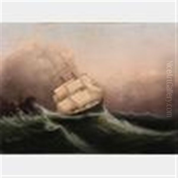 Sailing Ship Being Driven Onto Rocks By A Gale Oil Painting by Clement Drew