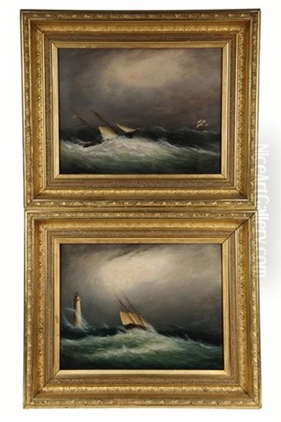 Two Views Of Sailing Ships Being Swamped In Storms, One Near A Lighthouse, The Other With Rescuer Approaching Oil Painting by Clement Drew