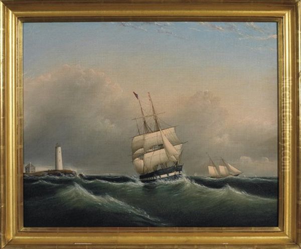 Ships Off Boston Light Oil Painting by Clement Drew