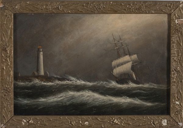 Barque Off Boston Light, South East Gale And Ship Passing Fishermen On The Banks Riding Out A Gale (a Pair) Oil Painting by Clement Drew