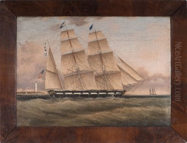 American Ship Passing A Lighthouse Oil Painting by Clement Drew