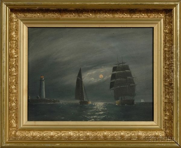 View Off Boston Light By Moon Light Oil Painting by Clement Drew