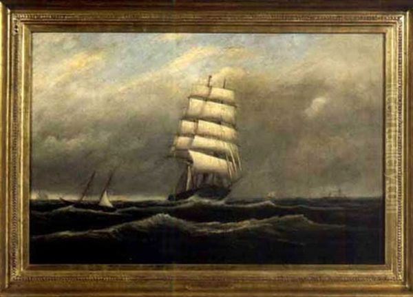 Square Rigger Under Partial Sail On The Open Sea Oil Painting by Clement Drew