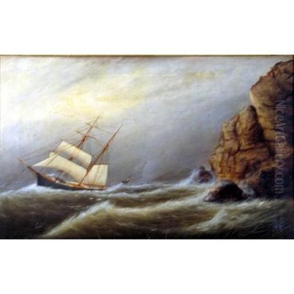 A Brig Near Rocky Cliffs Oil Painting by Clement Drew