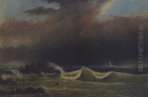 Minot's Ledge Lighthouse With Ship In Stormy Seas Oil Painting by Clement Drew