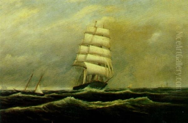 American Square-rigged Ship Under Partial Sail With Other Vessels Oil Painting by Clement Drew