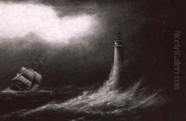 Sloop And Lighthouse During A Winter Storm Oil Painting by Clement Drew